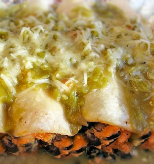 Squash and Black Bean Enchiladas with Green Chili-Tomatillo Sauce