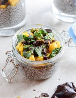 Vanilla Bean Chia Pudding with Fresh Mint, Mango, Pistachios + Dark Chocolate