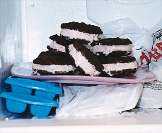 Recipe Photo: Chocolate-Chocolate Chip Cookie and Strawberry Gelato Sandwiches