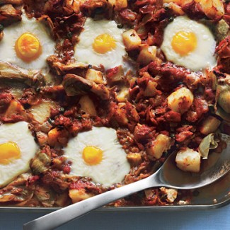 Recipe Photo: Eggs in Purgatory with Artichoke Hearts, Potatoes and Capers