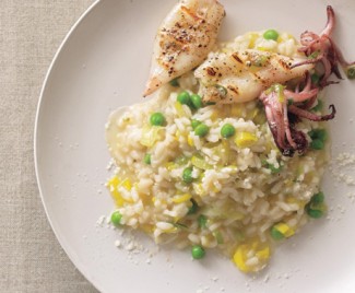 Recipe Photo: Leek and Pea Risotto with Grilled Calamari