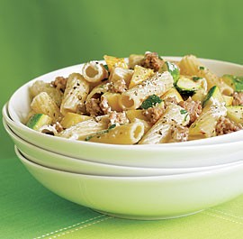 Rigatoni with Summer Squash, Basil, and Goat Cheese