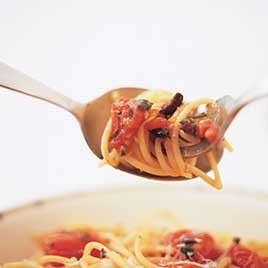 Recipe Photo: Spaghetti with Cherry Tomatoes, Olives, Capers, and Pine Nuts