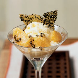 Warm Oranges in Sake Cream with Sesame Brittle